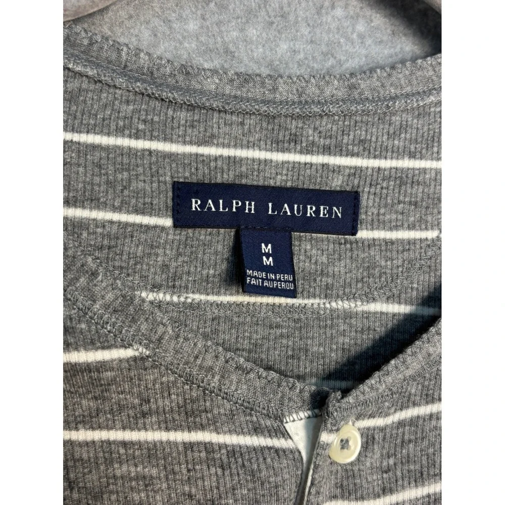 Ralph Lauren Womens Gray Striped Henley Top Green Pony Logo Lyocell Cotton Blend